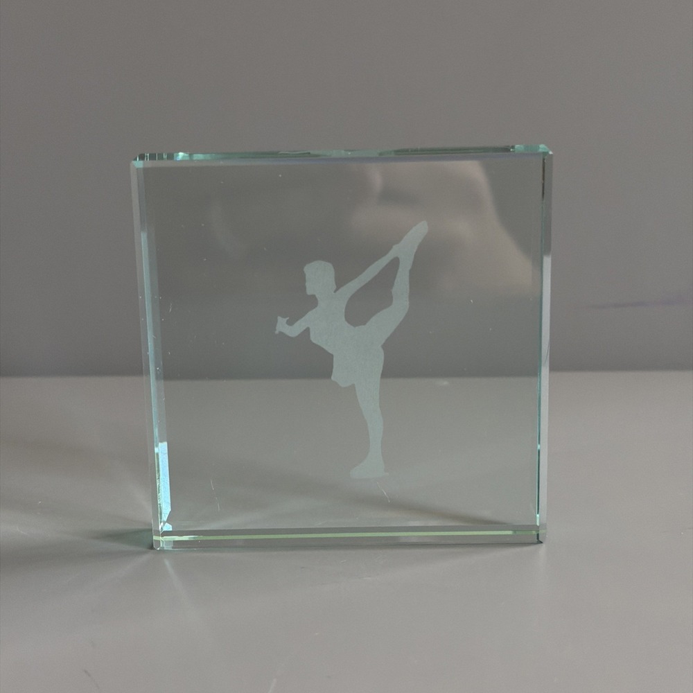 Etched Glass Paperweight Featuring Female Figure Ice Skater Dancer 3"